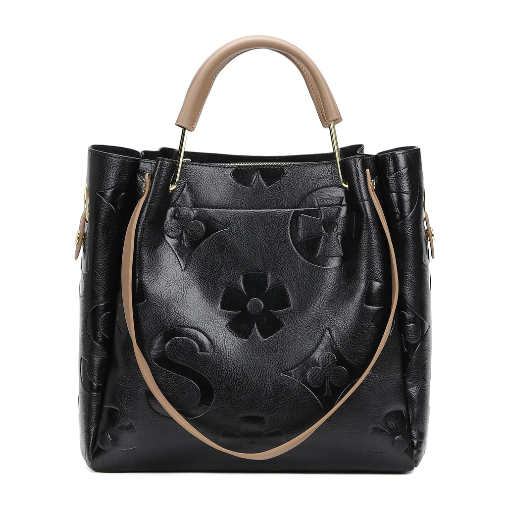 Vegan Leather Bucket Tote with Floral Embroidery