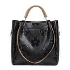 Vegan Leather Bucket Tote with Floral Embroidery