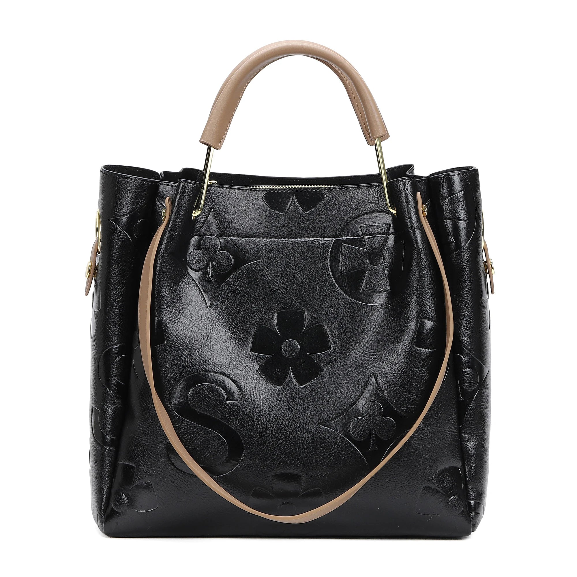 Vegan Leather Bucket Tote with Floral Embroidery