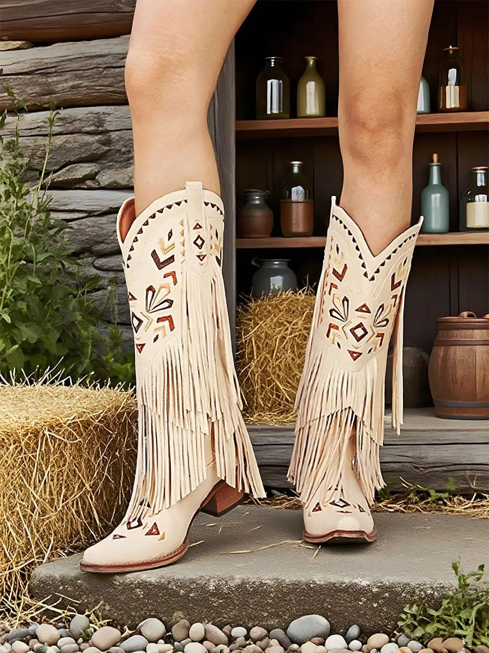 Mid Calf Tassels Pointed Toe Chunky Heels Boot
