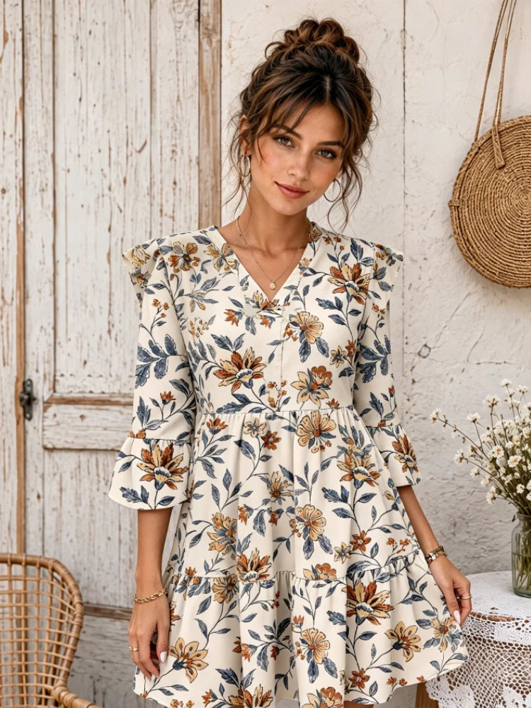 Floral print V-neck 3/4 trumpet sleeves dress