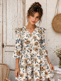 Floral print V-neck 3/4 trumpet sleeves dress
