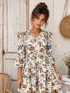 Floral print V-neck 3/4 trumpet sleeves dress