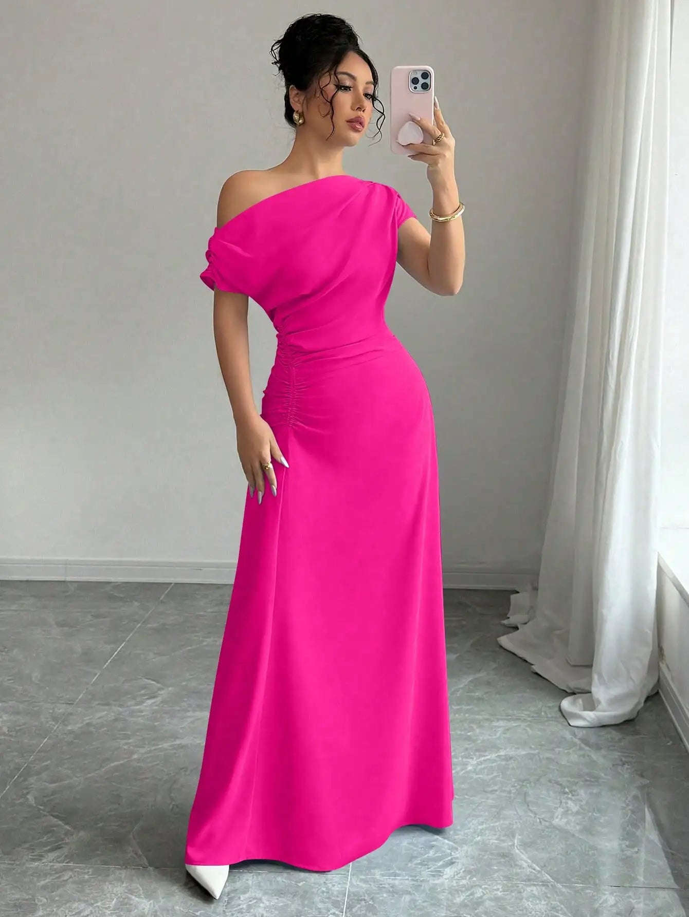 Asymmetrical One-Shoulder Ruched Maxi Dress