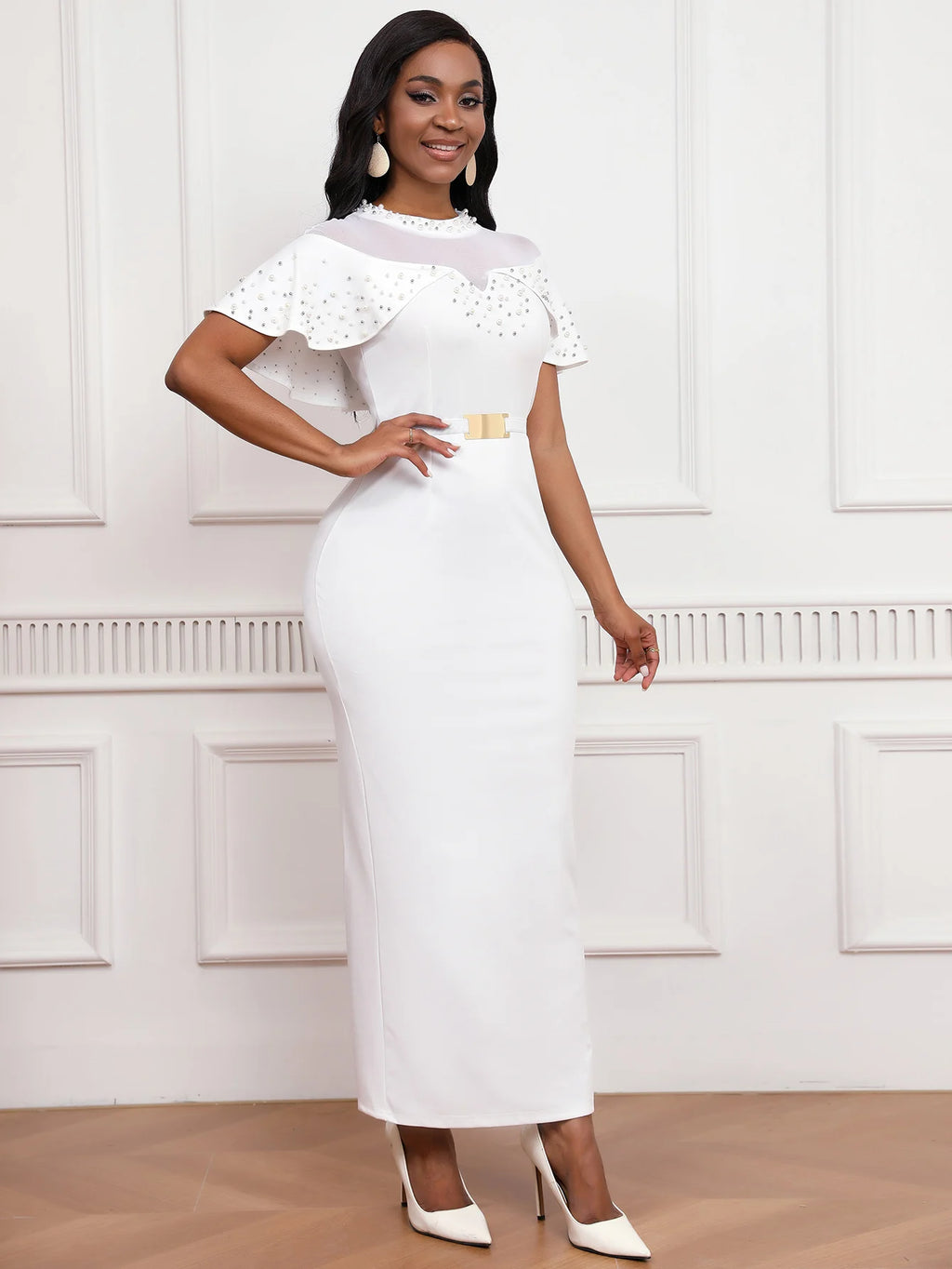 Elegant Dress with Beaded Tulle Shawl Sleeves
