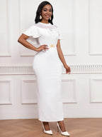 Elegant Dress with Beaded Tulle Shawl Sleeves