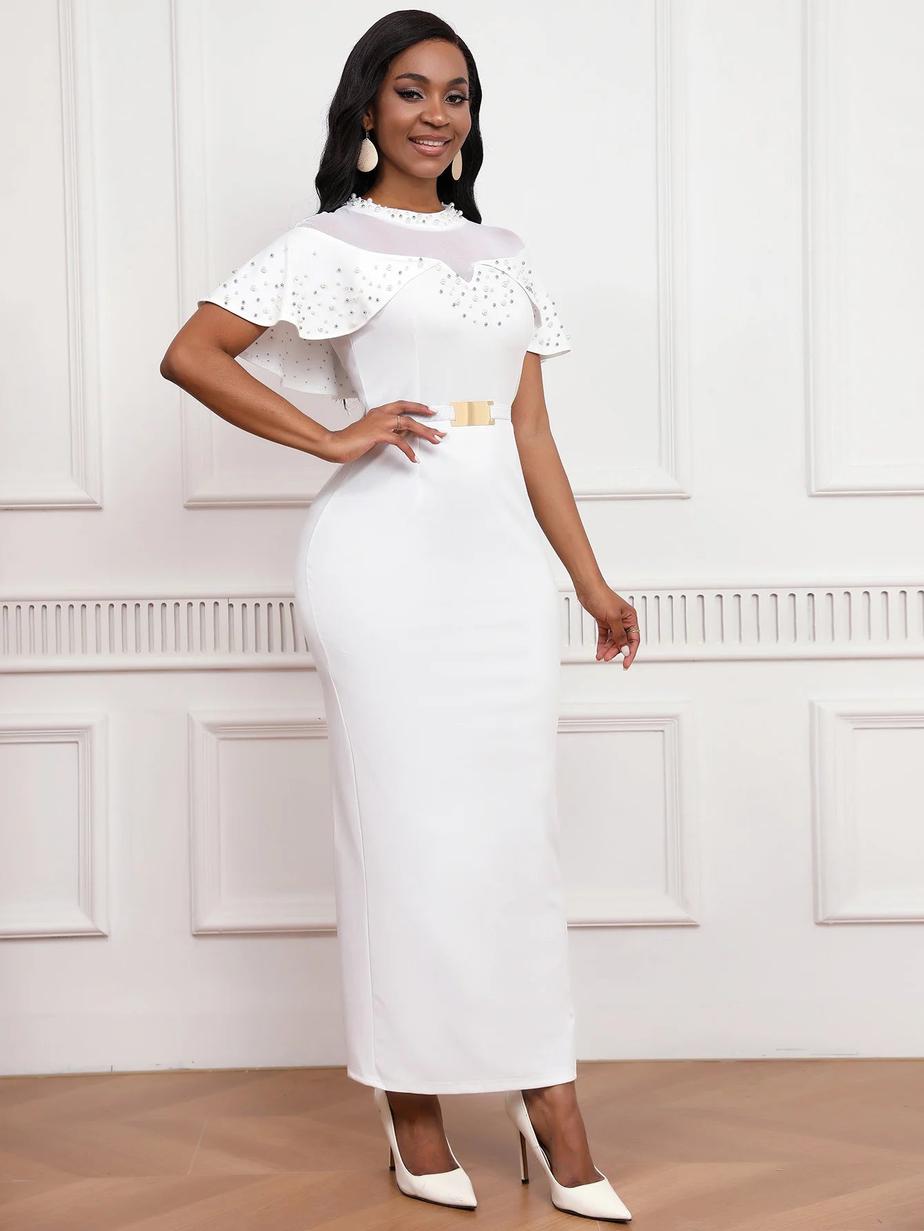 Elegant Dress with Beaded Tulle Shawl Sleeves