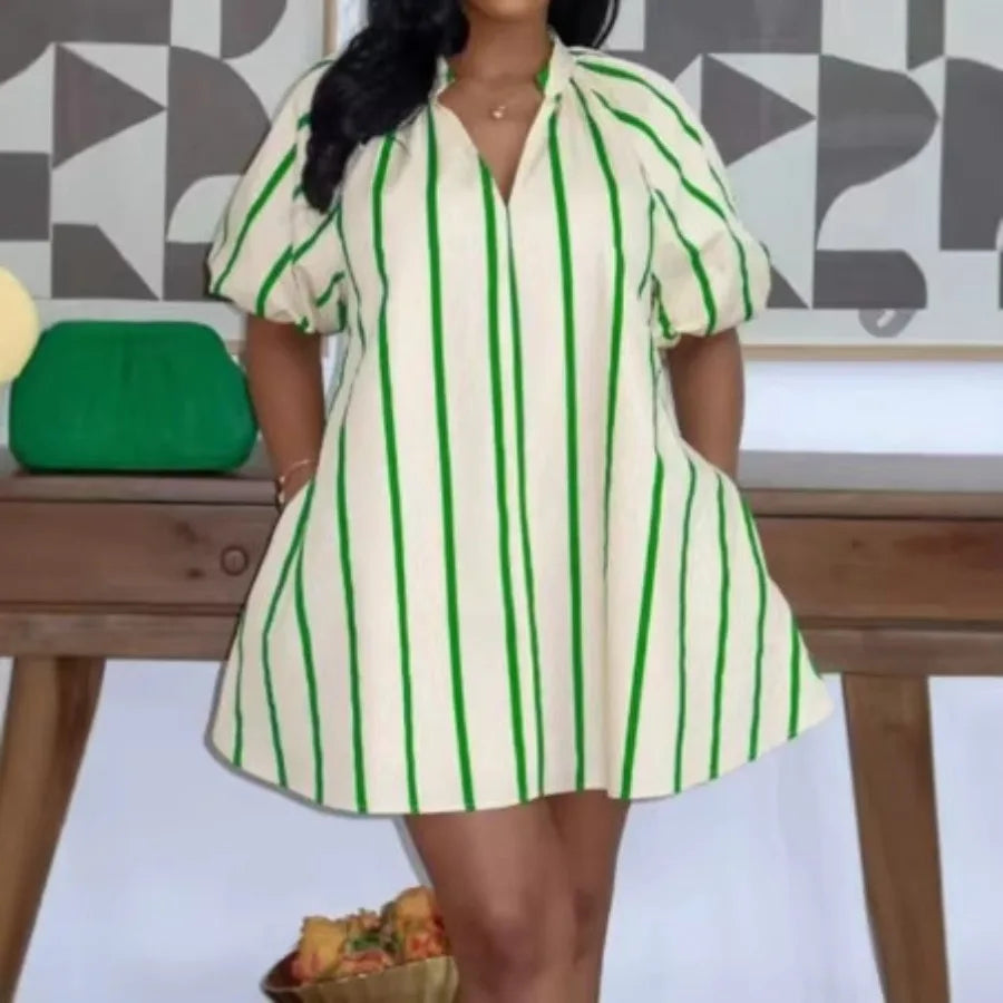 V-neck Bubble Sleeve Dress
