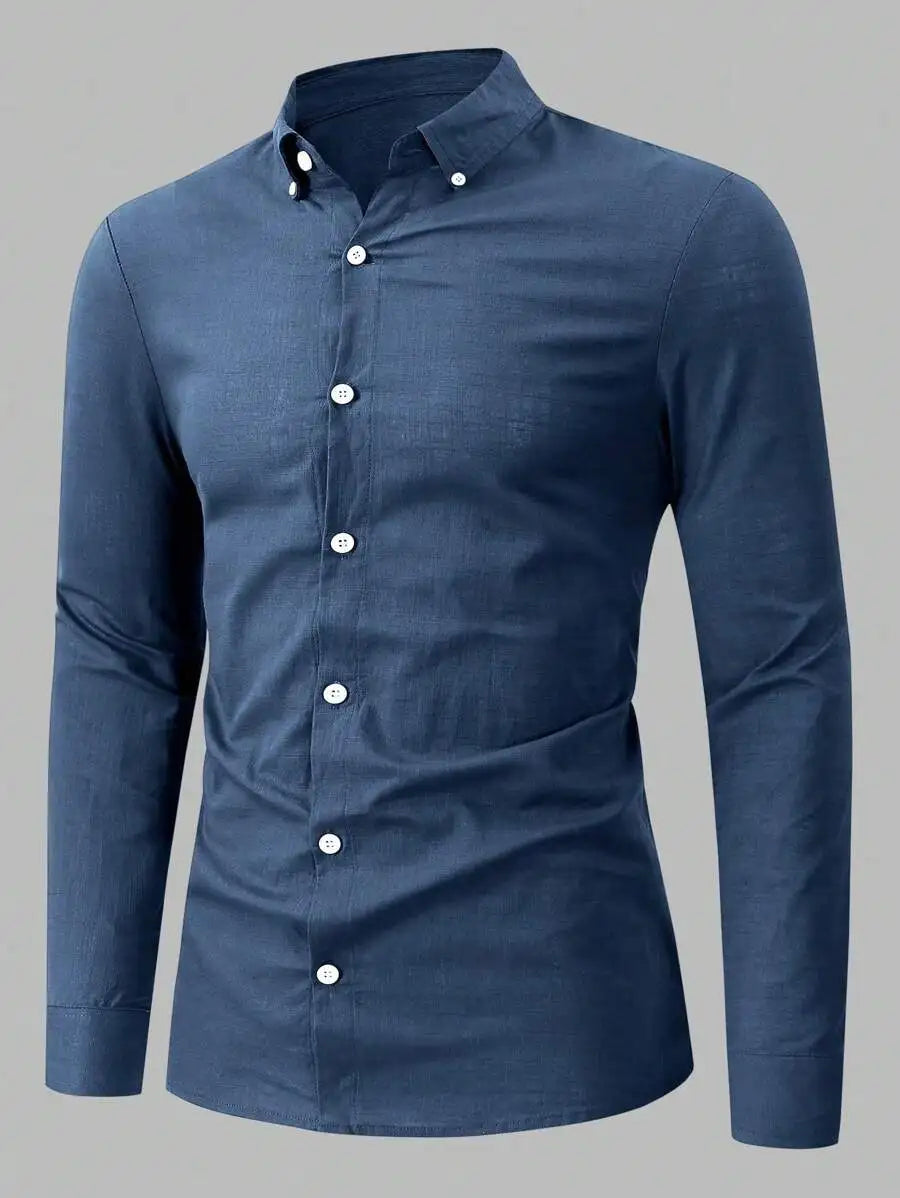 Solid Color Cotton Button-Down Long Sleeve Shirt