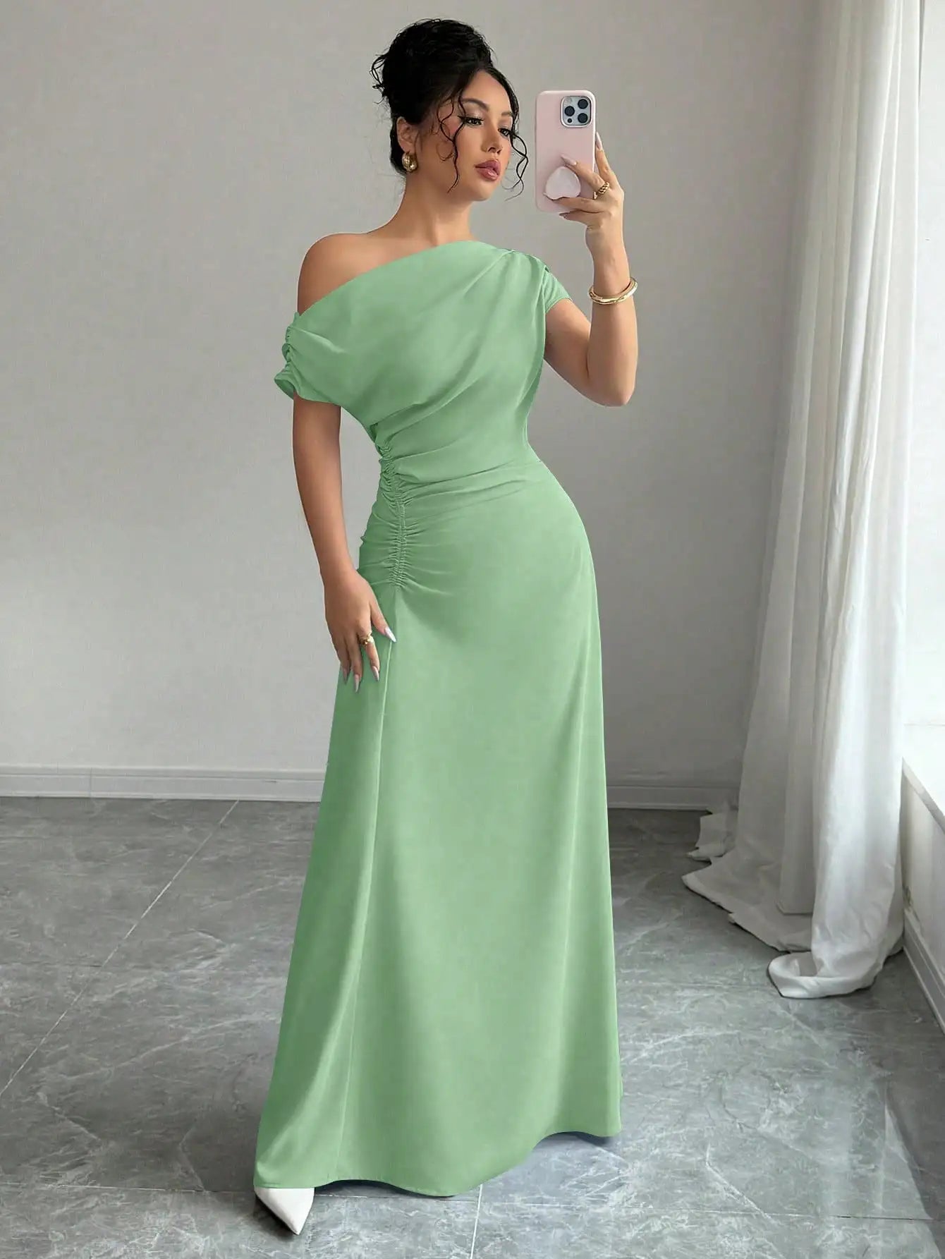 Asymmetrical One-Shoulder Ruched Maxi Dress