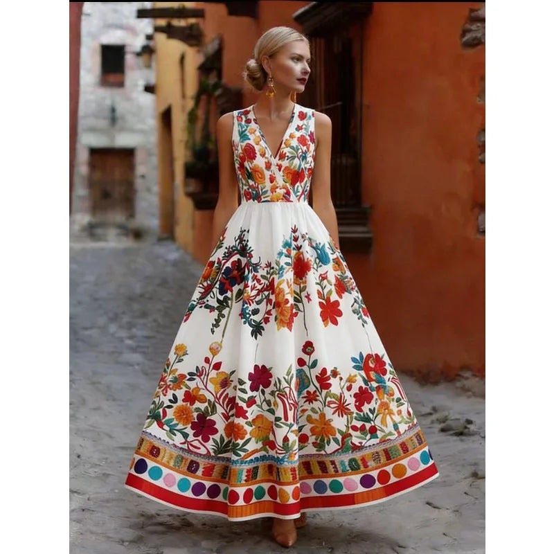 Multi-Color V-Neck  Sleeveless A-Line Dress