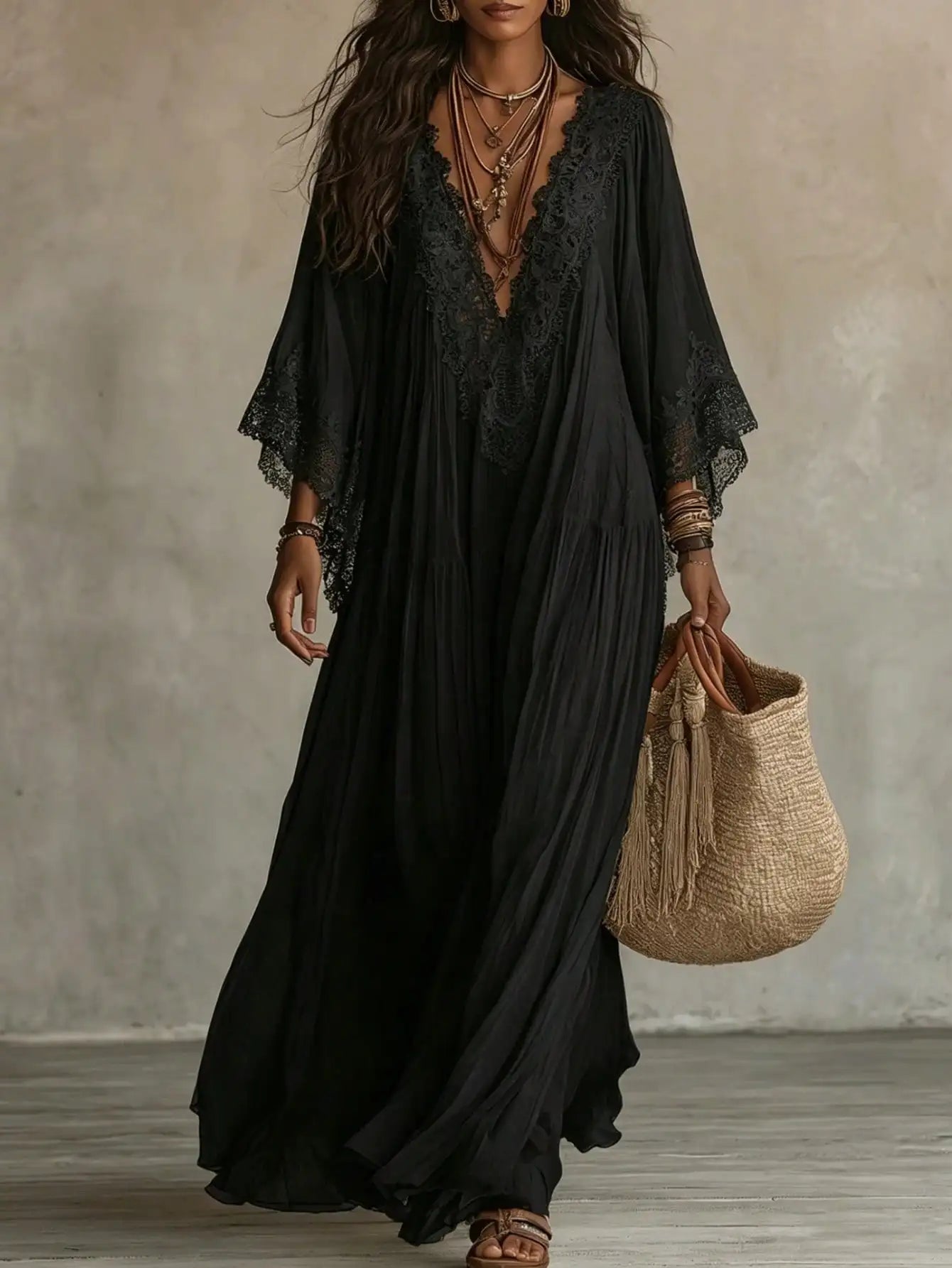 Women Solid Lace V Neck Maxi Dress