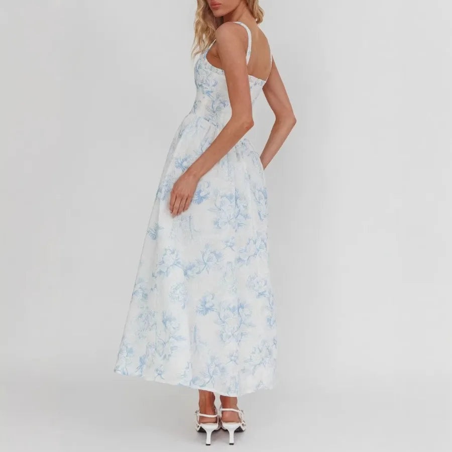 Fresh Floral Square Collar Waist Dress