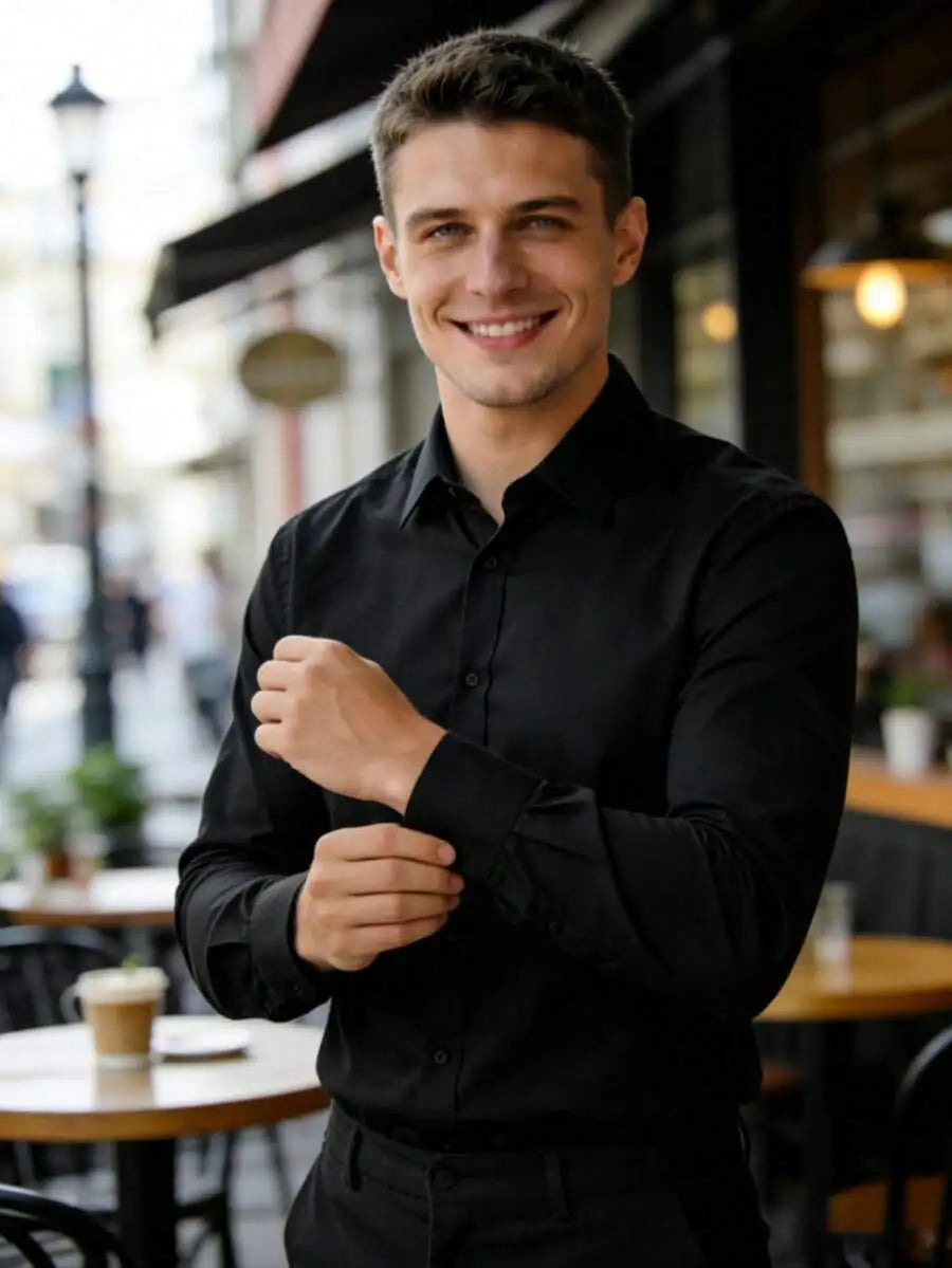 Stretch Slim Fit Long Sleeve Solid Color Dress Shirt