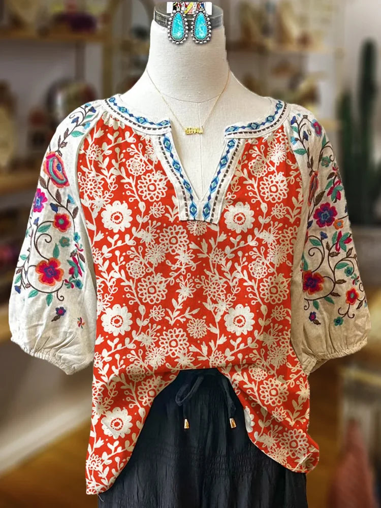 Vintage Red White Floral Peasant Top