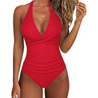 Cross Front Striped One Piece Halter Neck