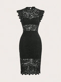 Elegant Floral Lace Sheath Dress With Cap Sleeves
