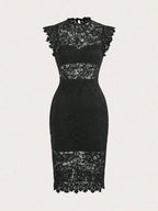 Elegant Floral Lace Sheath Dress With Cap Sleeves