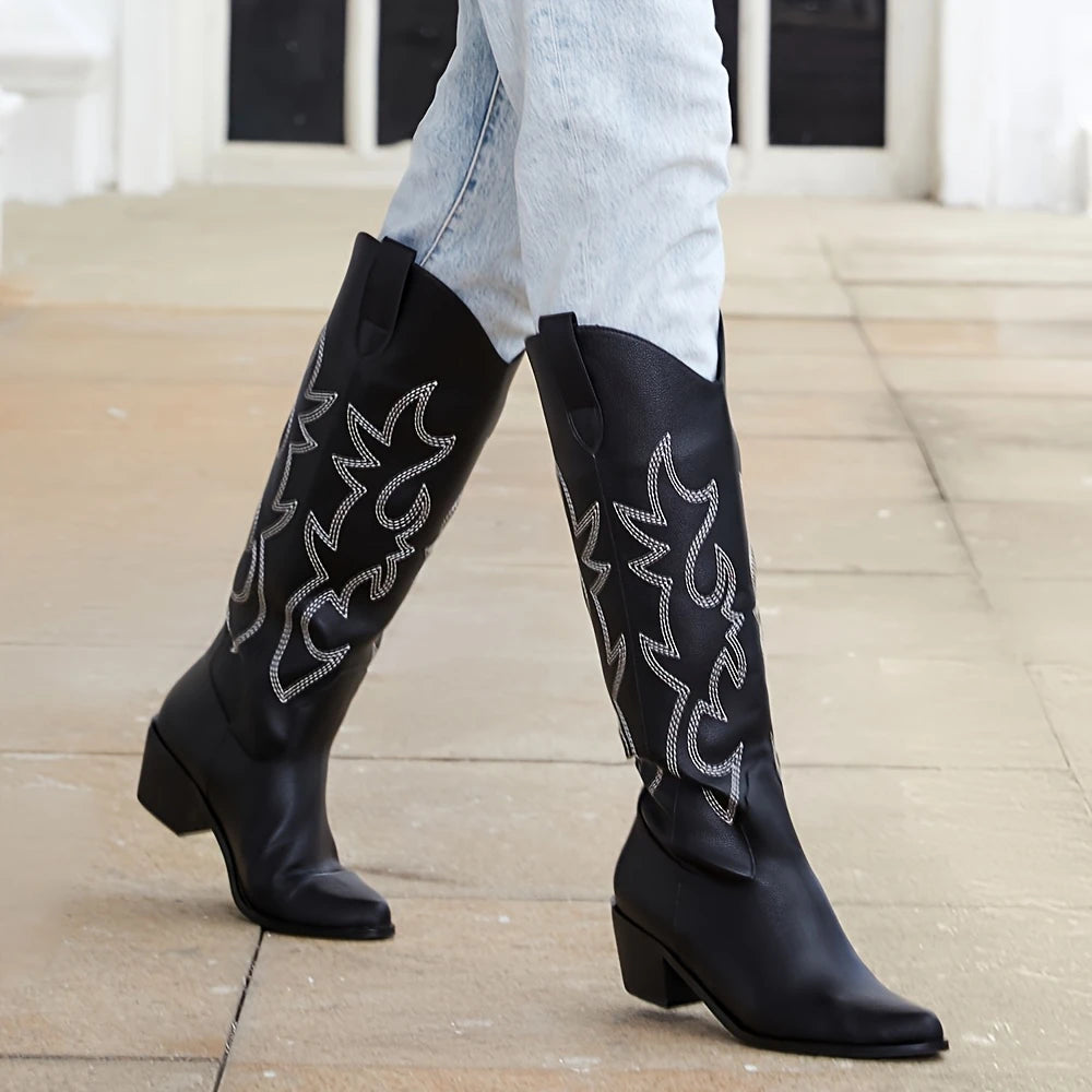 Western Cowgirl Embroidered Knee-High Boots