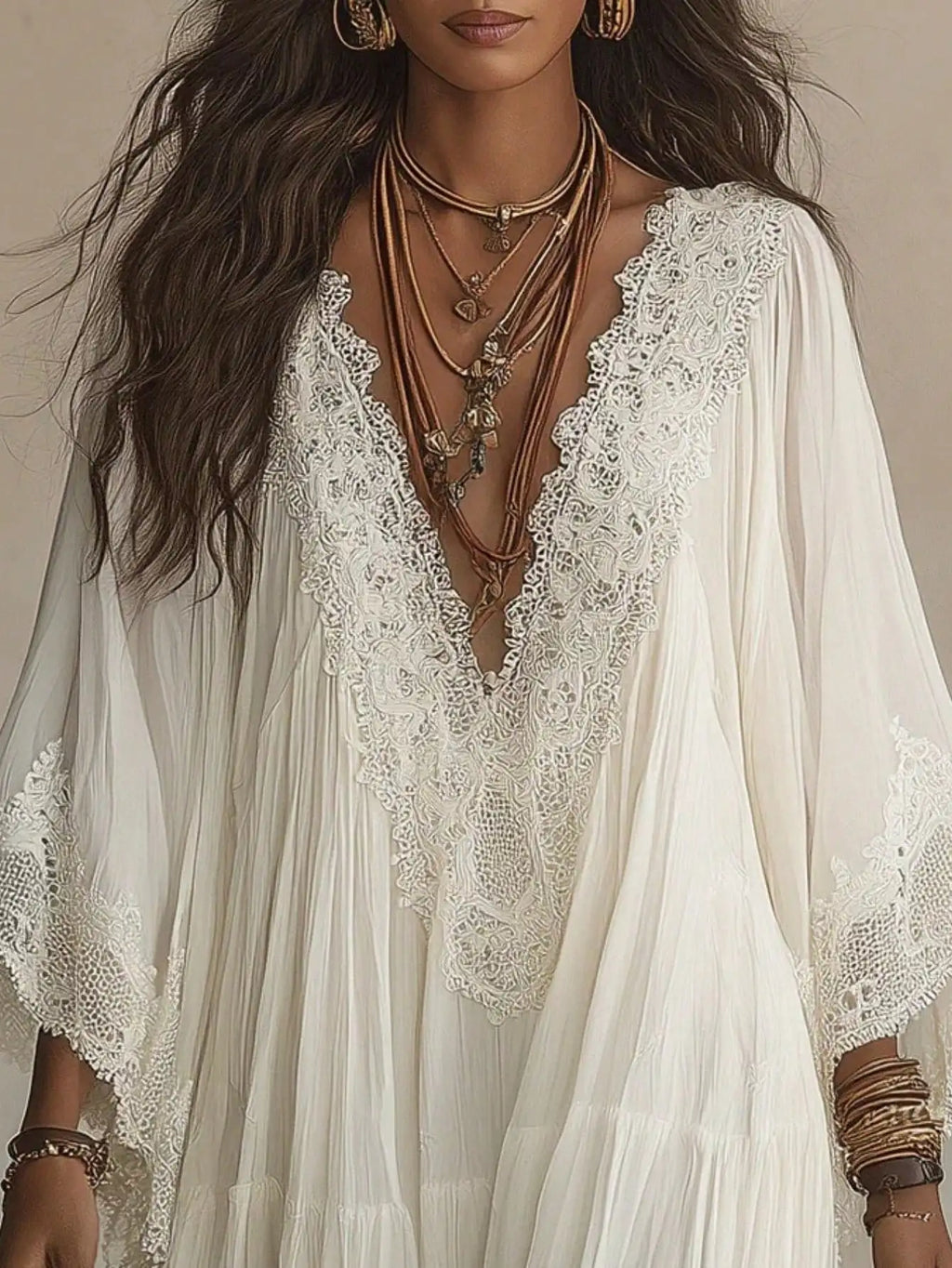 Women Solid Lace V Neck Maxi Dress