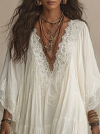 Women Solid Lace V Neck Maxi Dress