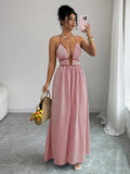 Striped Plunging Halter Maxi Dress