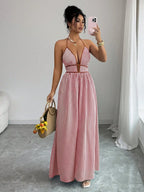 Striped Plunging Halter Maxi Dress