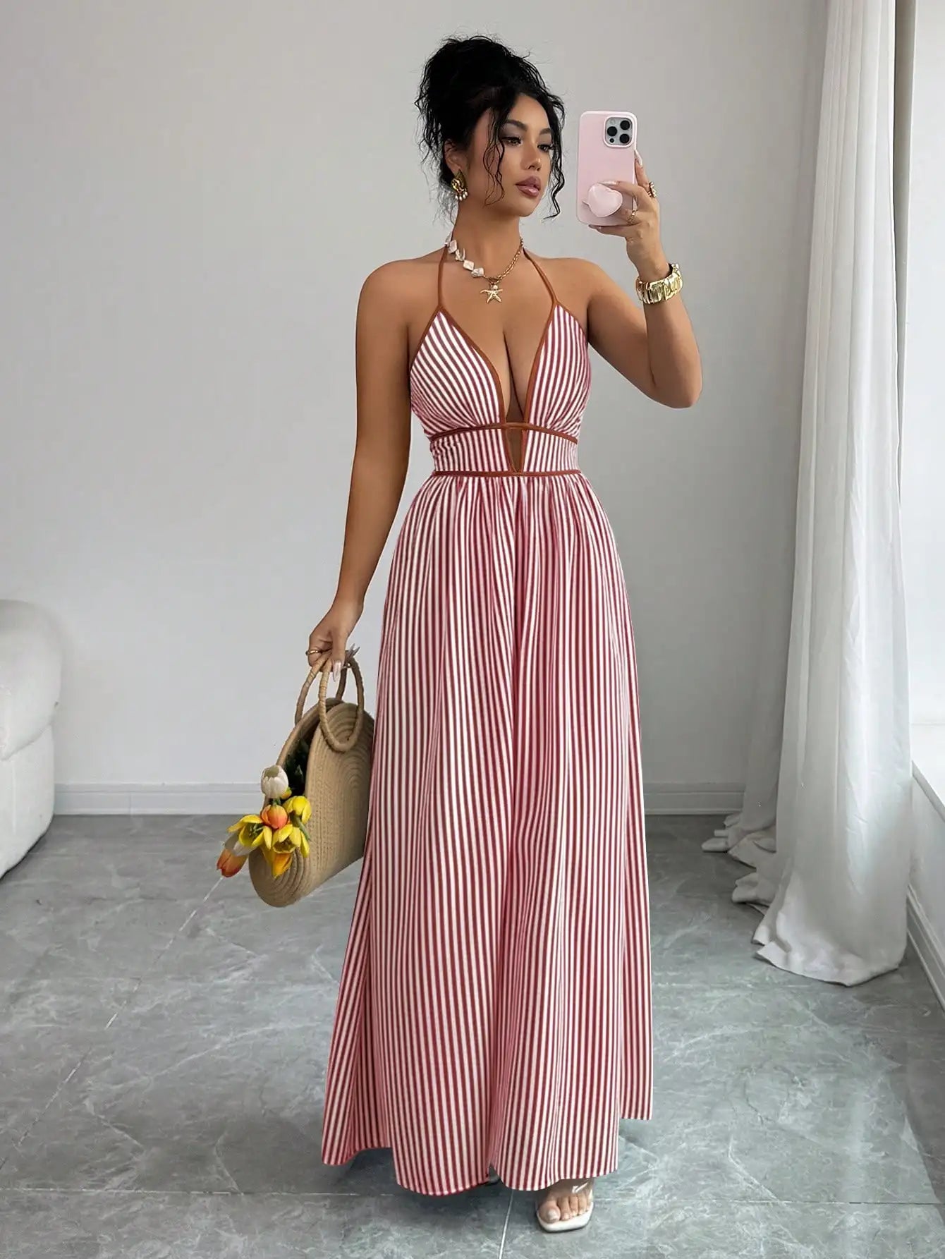 Striped Plunging Halter Maxi Dress