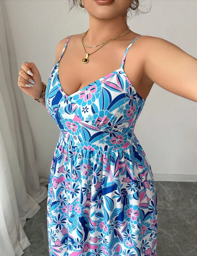 Plus size blue and white floral camisole dress