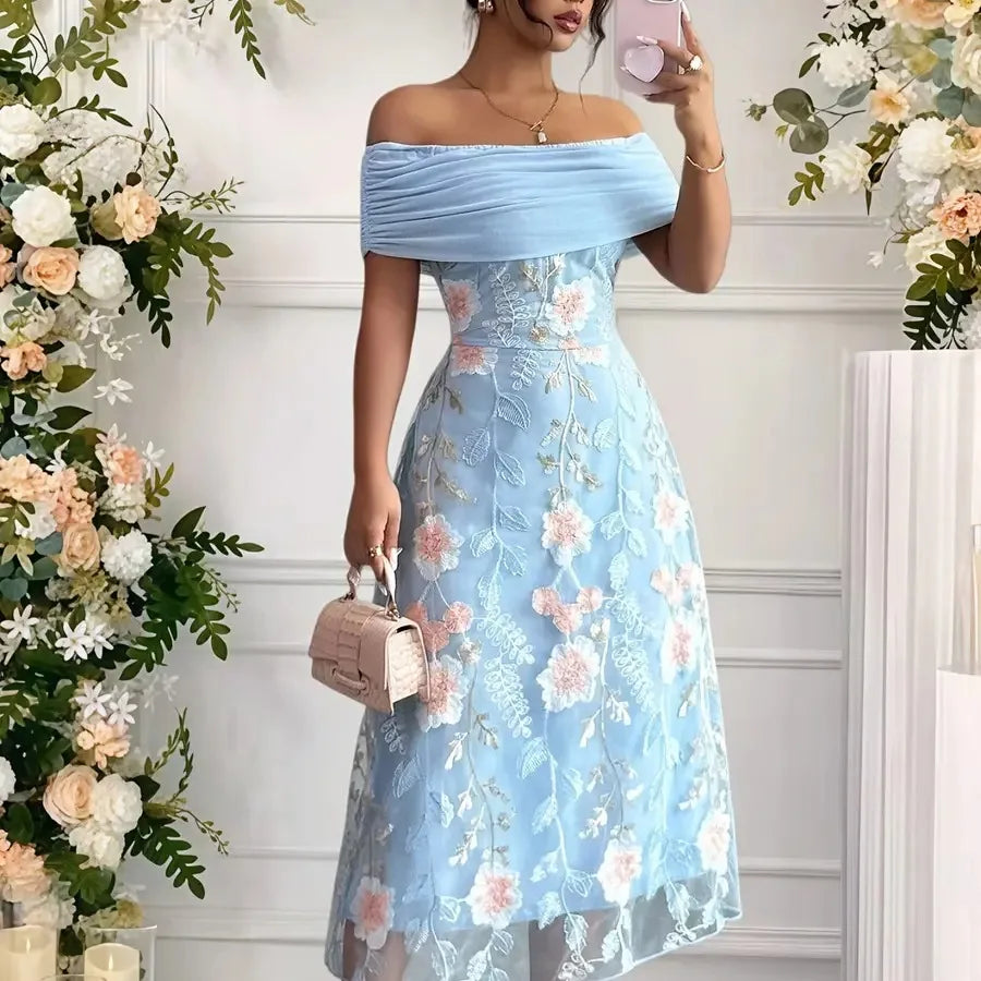 Blue Floral Embroidery Off-Shoulder Neckline Dress