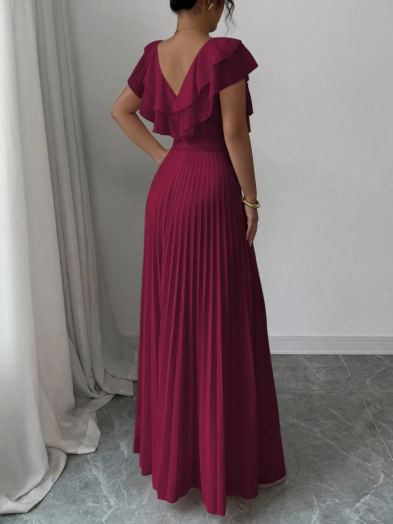 Ruffle Sleeve Pleated A-Line Maxi Dress