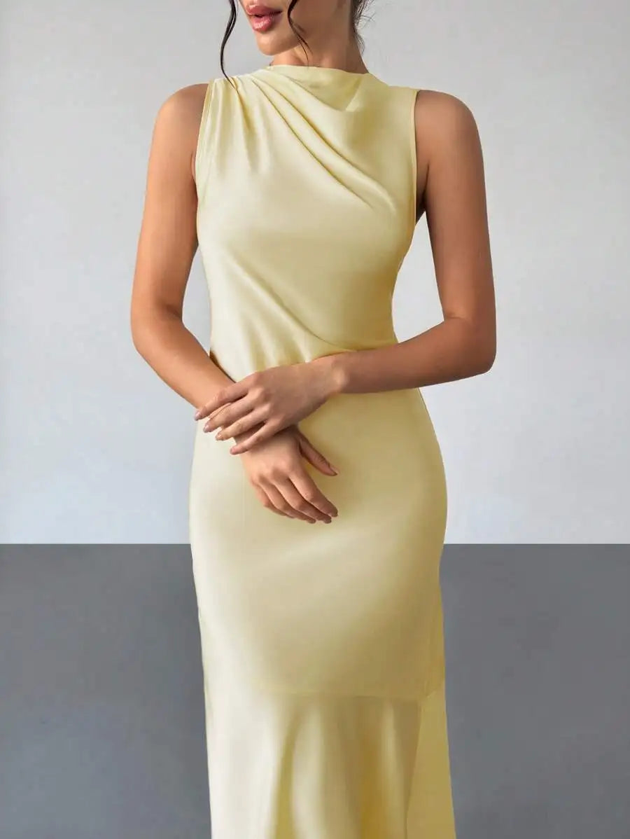 Elegant Pale Yellow Satin Silk Dress