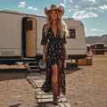 Western Long sleeve floral waist V-neck split dress