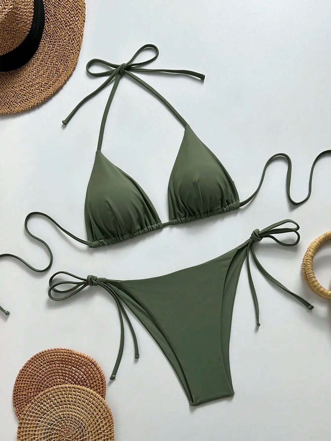 Solid Halter Triangle Bikini Set