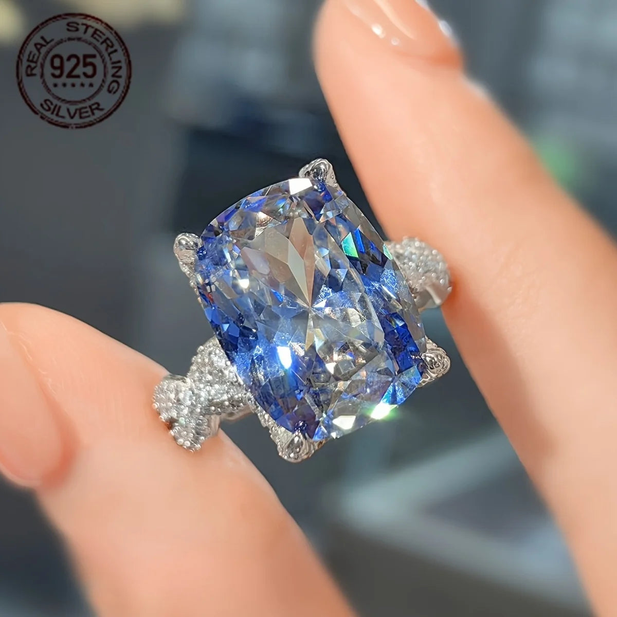 Cushion Cut Lab Grown Emerald Ring 925 Silver