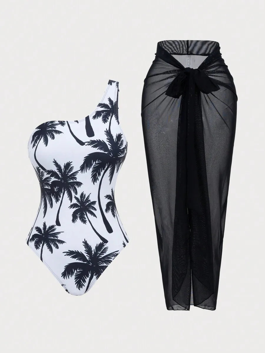 One Shoulder Swimsuit With Sheer Mesh Beach Skirt