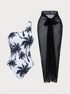 One Shoulder Swimsuit With Sheer Mesh Beach Skirt