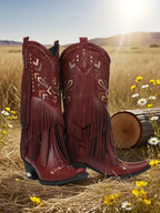 Mid Calf Tassels Pointed Toe Chunky Heels Boot