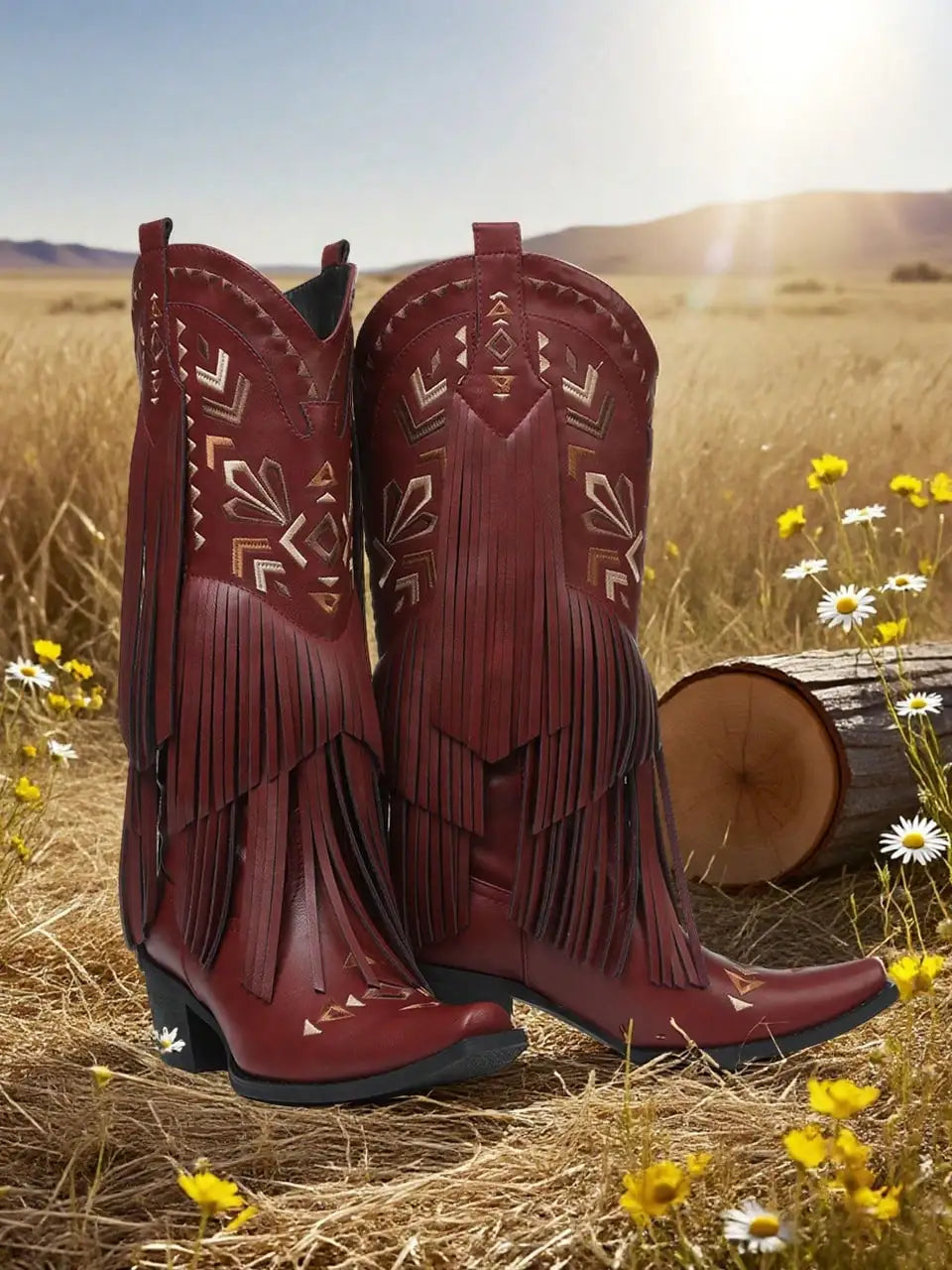 Mid Calf Tassels Pointed Toe Chunky Heels Boot
