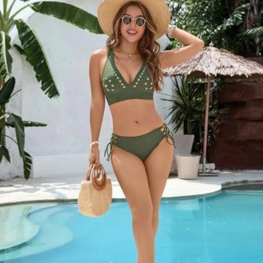 Petal Hollow V-neck Lace Split Swimsuit Set