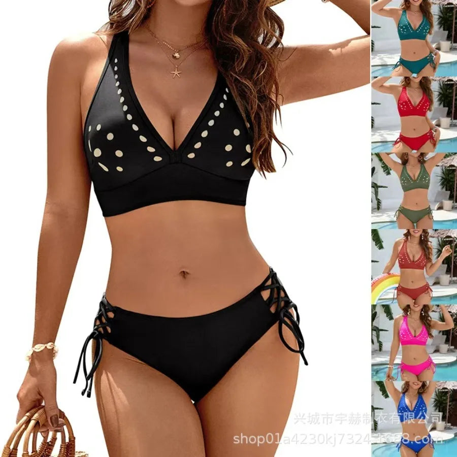 Petal Hollow V-neck Lace Split Swimsuit Set