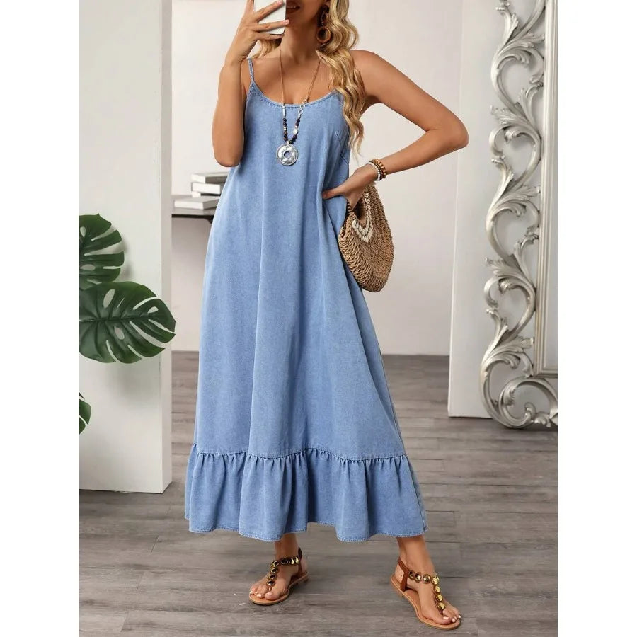 Casual Denim Dress With Ruffle Hem