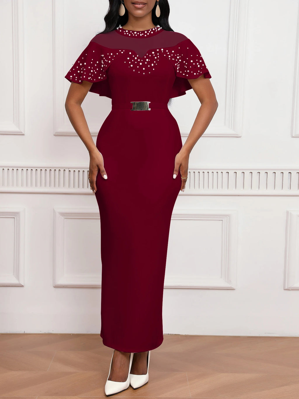 Elegant Dress with Beaded Tulle Shawl Sleeves
