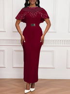 Elegant Dress with Beaded Tulle Shawl Sleeves