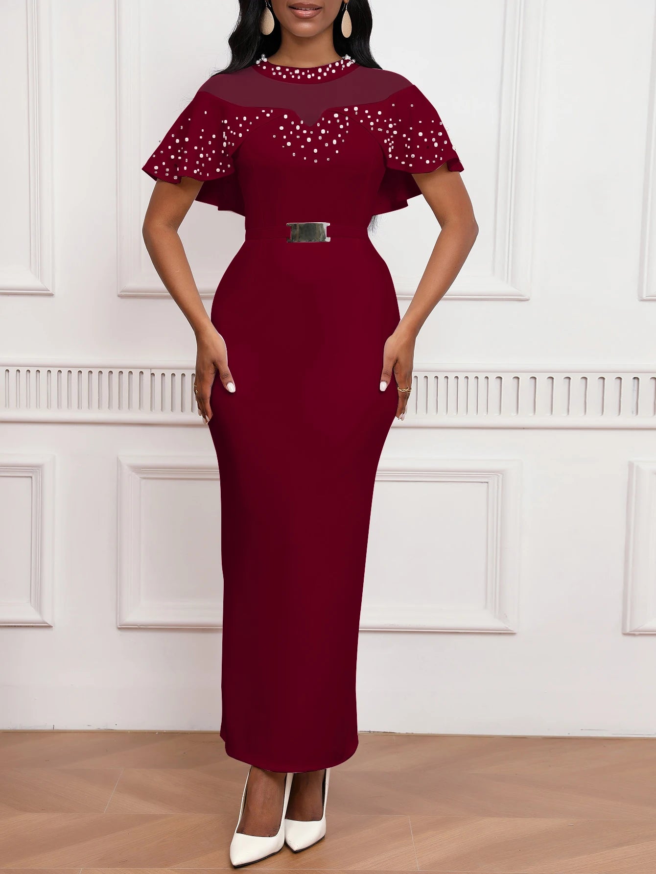 Elegant Dress with Beaded Tulle Shawl Sleeves