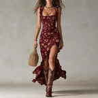 Bohemian Vintage Ruffled Sleeveless Halter Maxi Dress