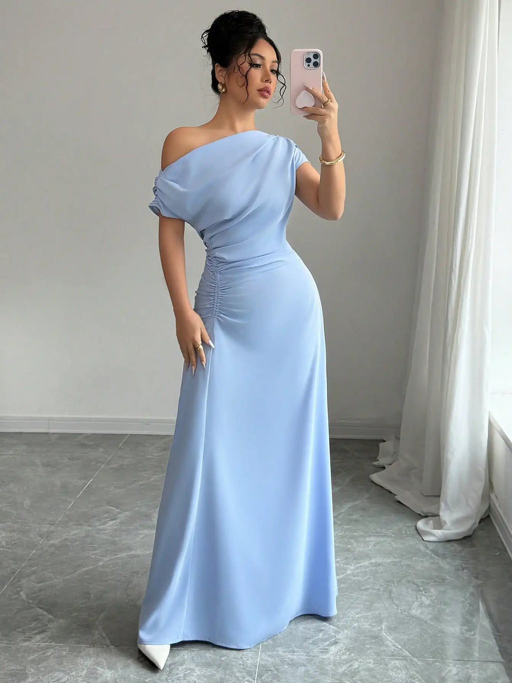Asymmetrical One-Shoulder Ruched Maxi Dress