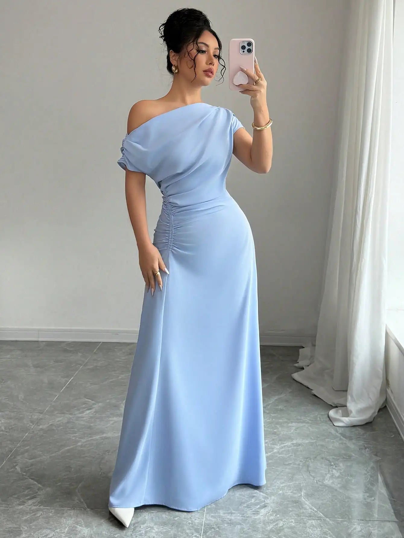 Asymmetrical One-Shoulder Ruched Maxi Dress