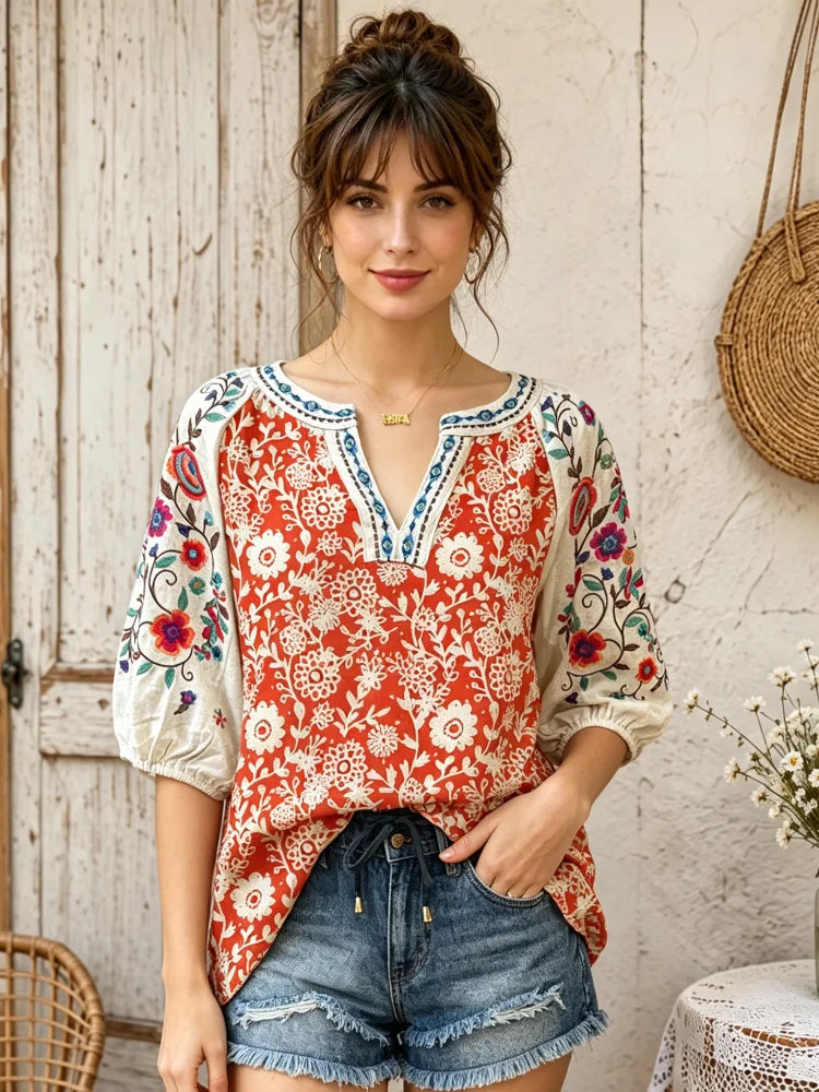 Vintage Red White Floral Peasant Top