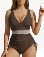 One Piece Swimsuit V Neck Drawstring